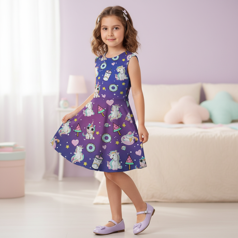 unicorn print skater dress girls - three-quarter