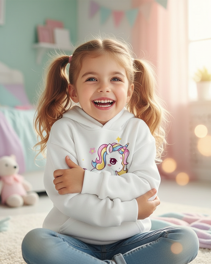 unicorn pullover hoodie kids - in-use