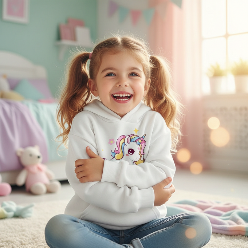 unicorn pullover hoodie kids - in-use