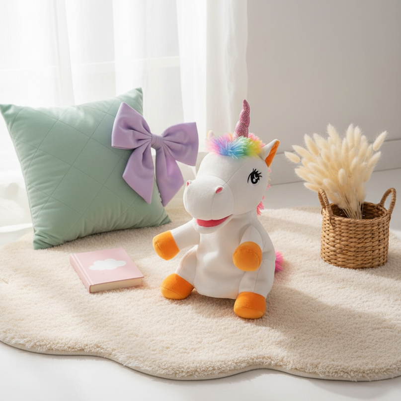 unicorn puppet plush toy - flat-lay