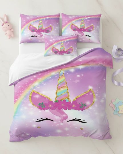 unicorn purple bedding - flat-lay