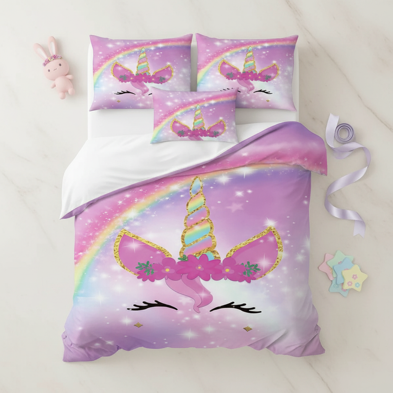 unicorn purple bedding - flat-lay