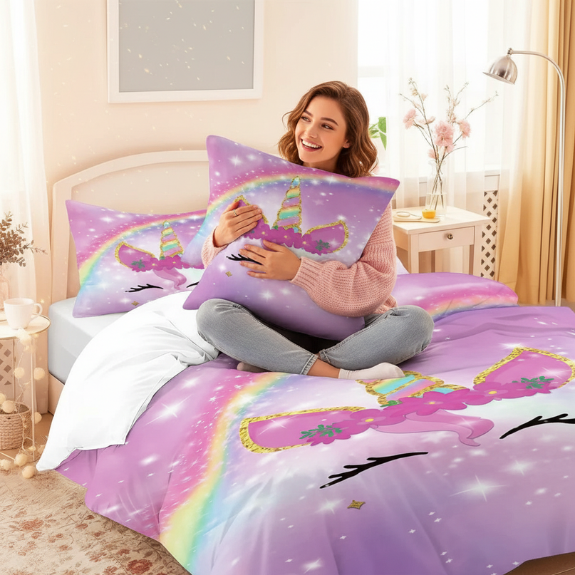 unicorn purple bedding - in-use