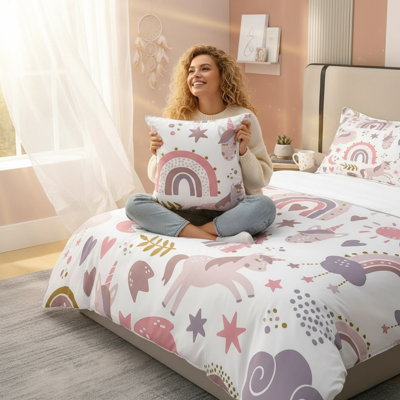 unicorn queen bedding set - in-use