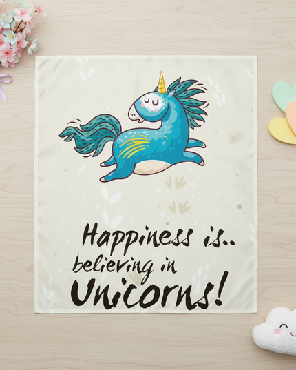 unicorn quote shower curtain - flat-lay