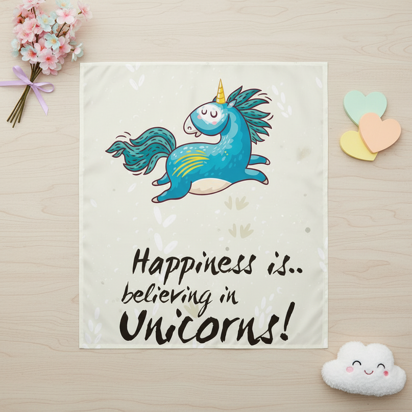 unicorn quote shower curtain - flat-lay