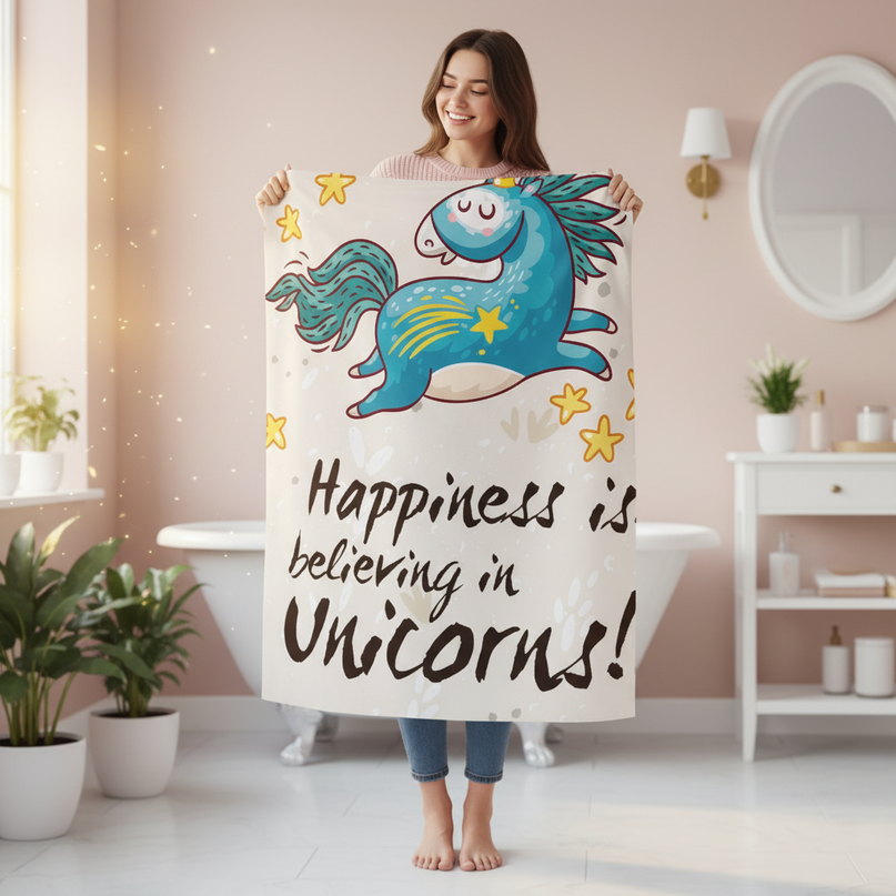 unicorn quote shower curtain - in-use