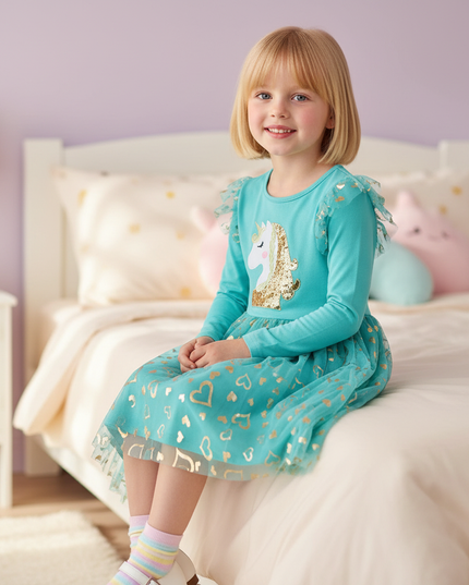 unicorn rainbow applique dress - sitting