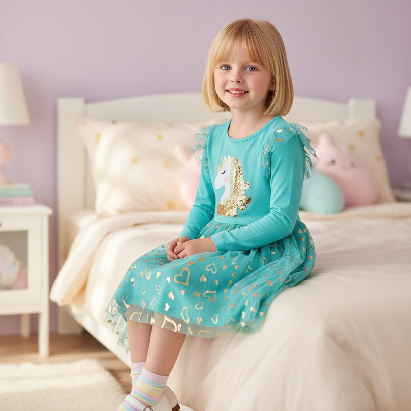 unicorn rainbow applique dress - sitting