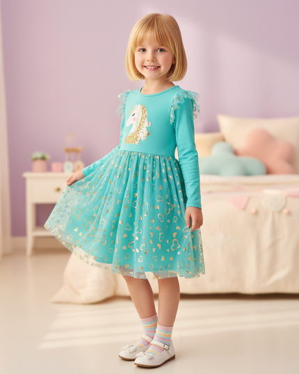 unicorn rainbow applique dress - three-quarter