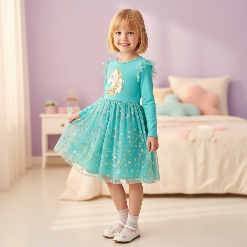 unicorn rainbow applique dress - three-quarter