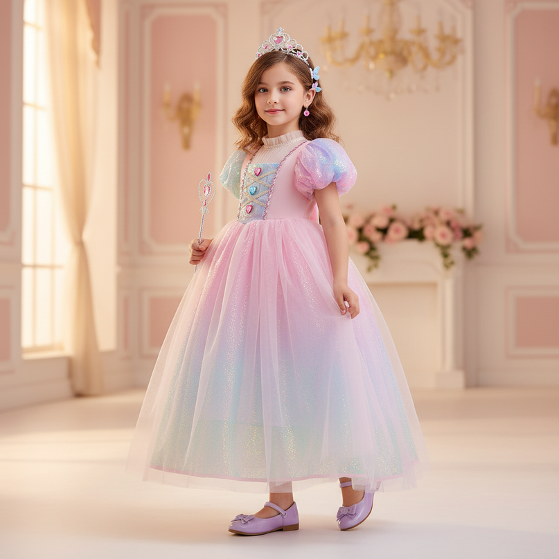 unicorn rainbow ball gown dress - three-quarter