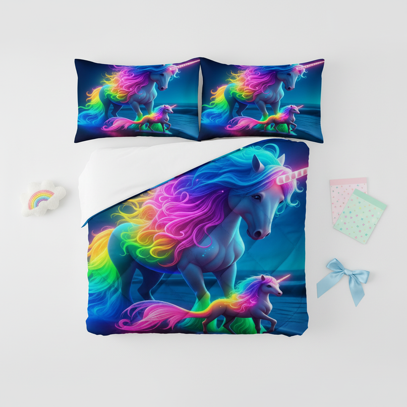 unicorn rainbow bedding - flat-lay