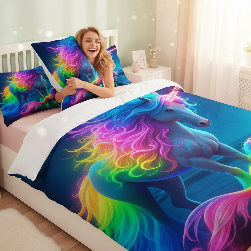 unicorn rainbow bedding - in-use