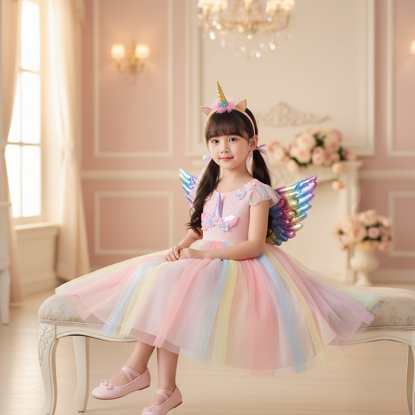 unicorn rainbow dress - sitting