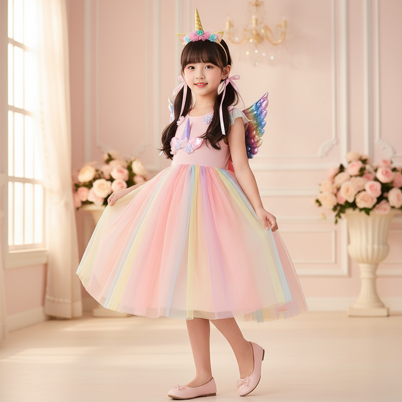 unicorn rainbow dress - three-quarter
