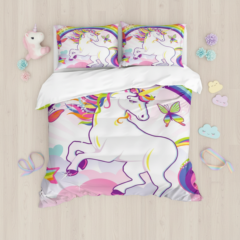 unicorn rainbow duvet cover - flat-lay