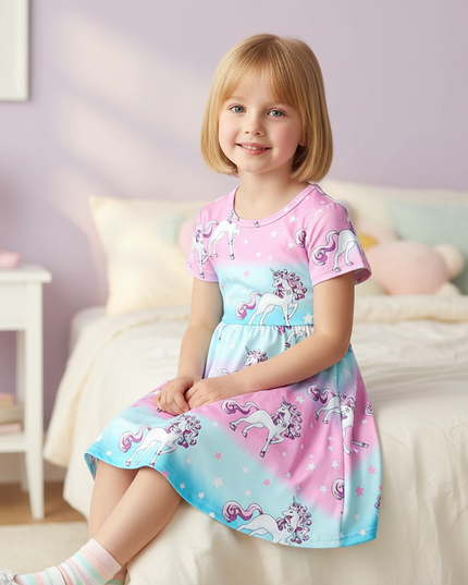 unicorn rainbow gradient dress girls - sitting