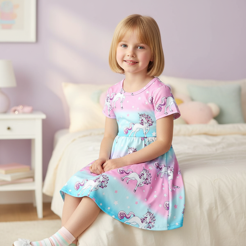 unicorn rainbow gradient dress girls - sitting