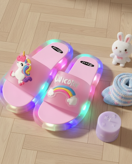 unicorn rainbow led slippers - flat-lay