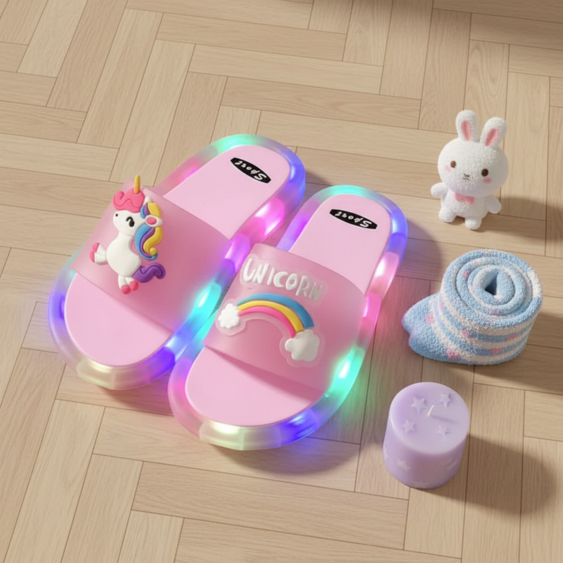 unicorn rainbow led slippers - flat-lay