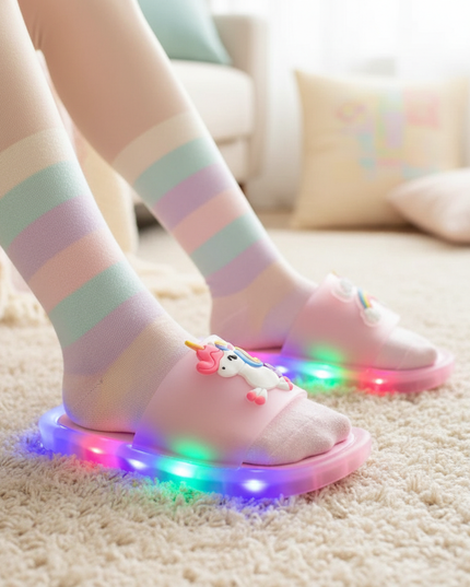 unicorn rainbow led slippers - in-use