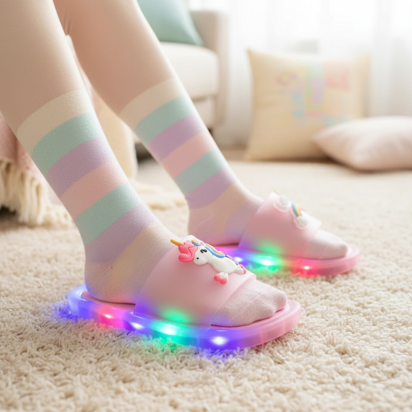unicorn rainbow led slippers - in-use