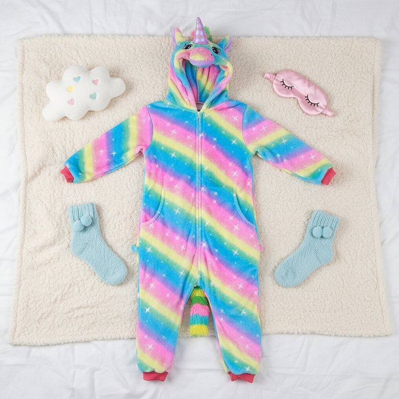 unicorn rainbow pajama - flat-lay