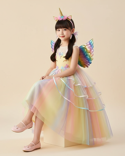 unicorn rainbow princess dress - sitting