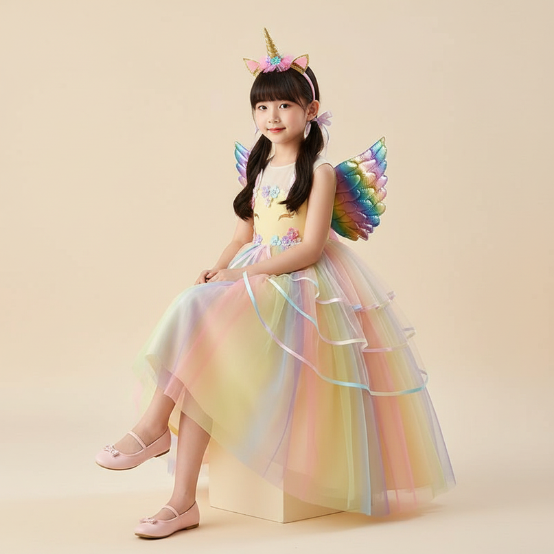 unicorn rainbow princess dress - sitting