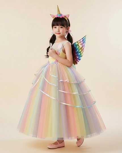 unicorn rainbow princess dress - three-quarter