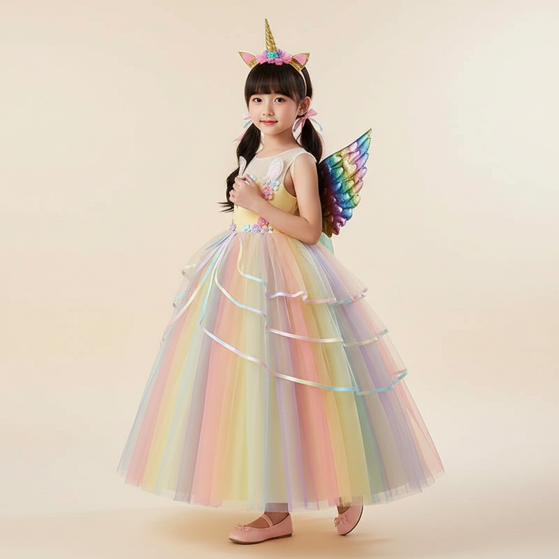 unicorn rainbow princess dress - three-quarter
