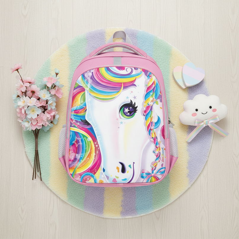 unicorn rainbow schoolbag girls backpack - flat-lay
