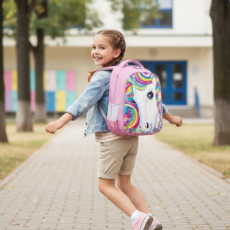 unicorn rainbow schoolbag girls backpack - in-use