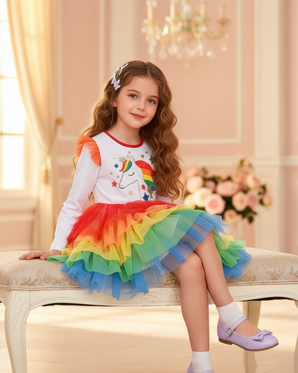 unicorn rainbow star tutu dress - sitting