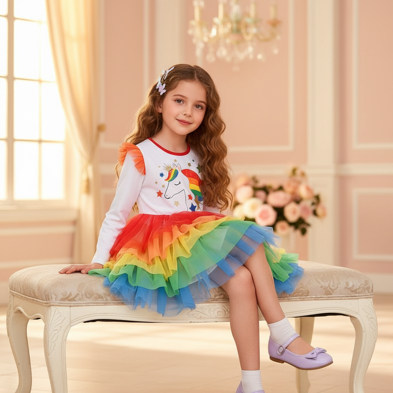 unicorn rainbow star tutu dress - sitting