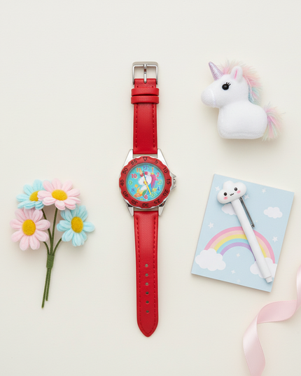 unicorn red watch - flat-lay