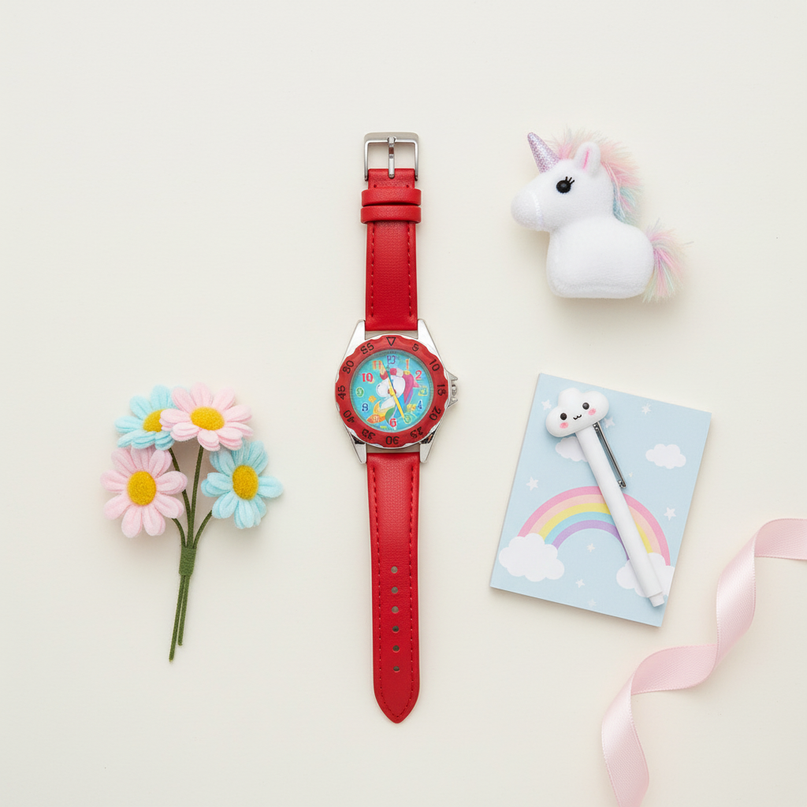 unicorn red watch - flat-lay