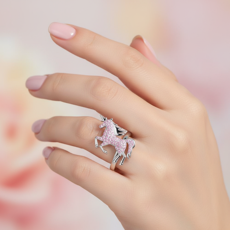 pink unicorn ring - in-use