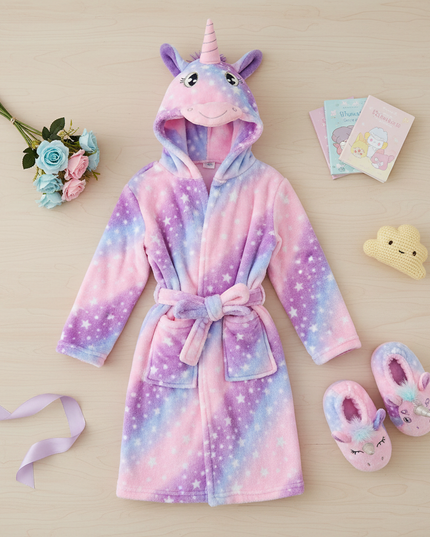 unicorn robe and slippers - flat-lay