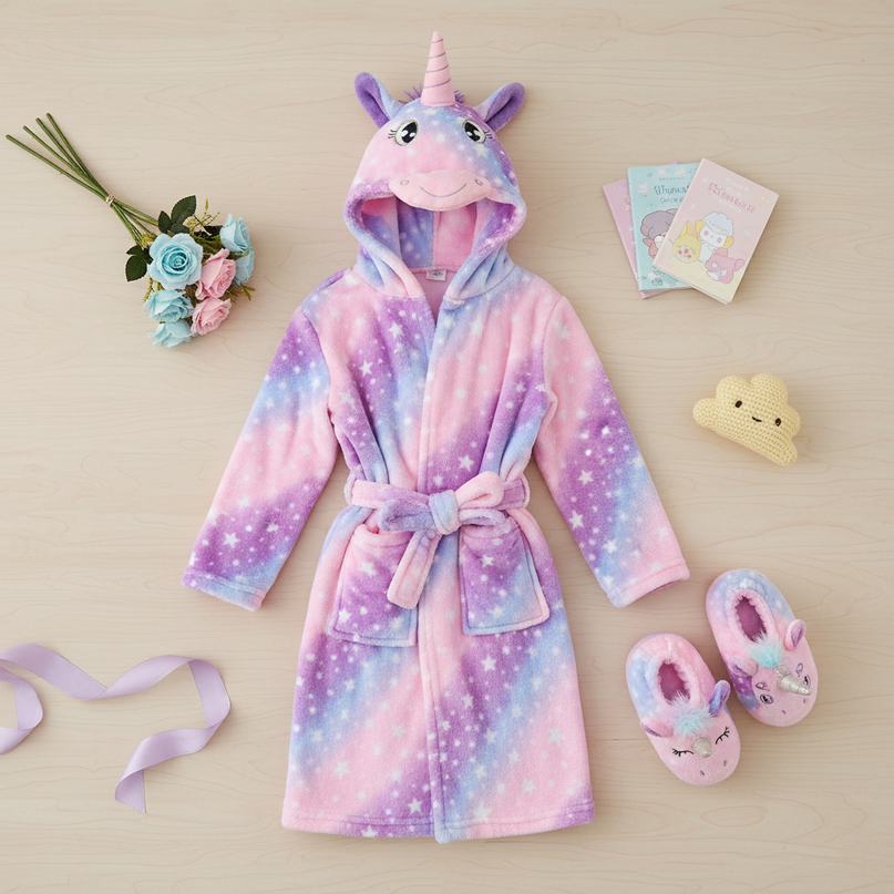 unicorn robe and slippers - flat-lay