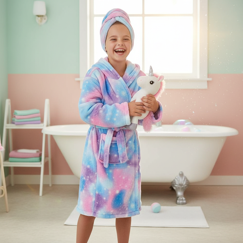 unicorn robe for bath - in-use