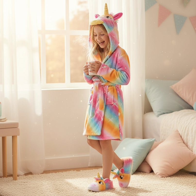unicorn robe slippers set - in-use