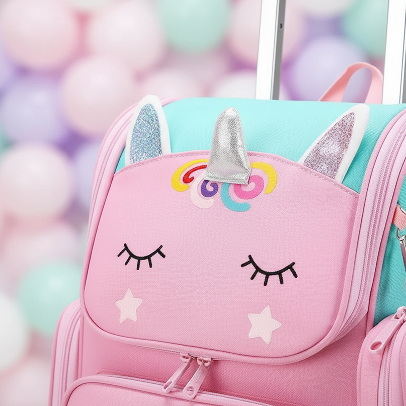 unicorn rolling backpack for girls - detail