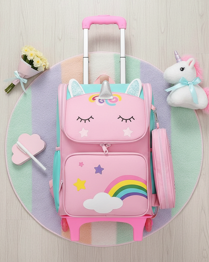 unicorn rolling backpack for girls - flat-lay