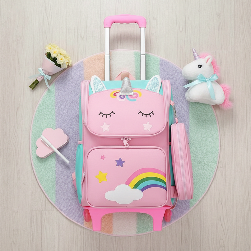 unicorn rolling backpack for girls - flat-lay