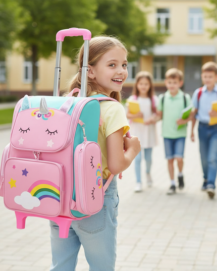 unicorn rolling backpack for girls - in-use
