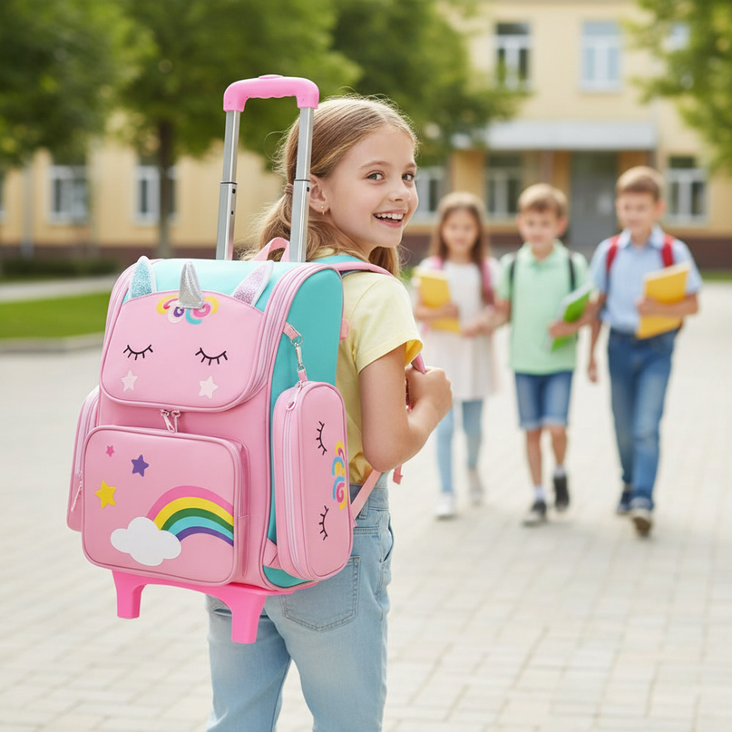unicorn rolling backpack for girls - in-use