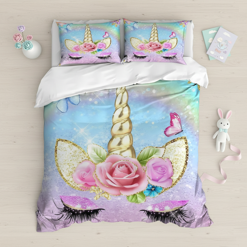 unicorn rose bedding - flat-lay