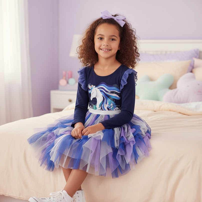 unicorn ruffle flare sleeve dress - sitting